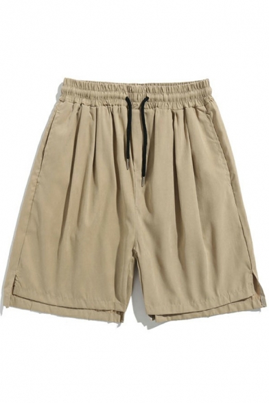 Simple Shorts Solid Color Split Hem Drawstring Mid Rise Loose Fit Shorts for Men
