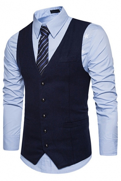 Simple Suit Vest Solid Color Single Breasted V-Neck Pockets Detail Sleeveless Slim Fit Vest for Men