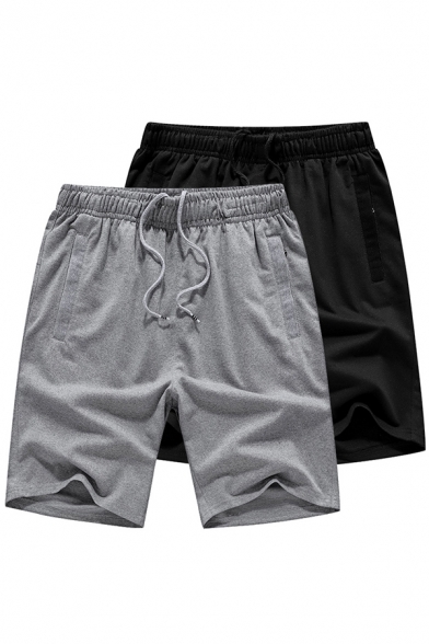 Simple Sweat Shorts Plain Diagonal Pockets Drawstring Waist over The Knee Length Regular Shorts for Men