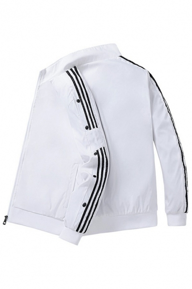 Sporty Jacket Stripe Print Button-Up Arm Stand Collar Long Sleeves Baggy Zip-up Baseball Jacket for Men