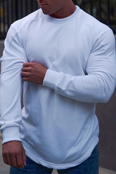 Sporty Men's Hoodie Solid Color Long Sleeves Crew Neck Slim Fitted Sweatshirt