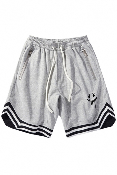 Sporty Shorts Stripe Print Logo Drawstrings Zipper Detail Relaxed Basketball Shorts for Men