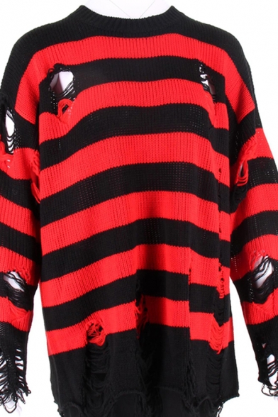 Street Look Mens Sweater Striped Long Sleeve Crew Neck Loose Pullover Knit Sweater in Red-Black