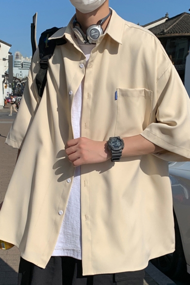 Street Style Men's Shirt Solid Color Chest Pocket Half Sleeves Point Collar Button-down Relaxed Fit Shirt Top
