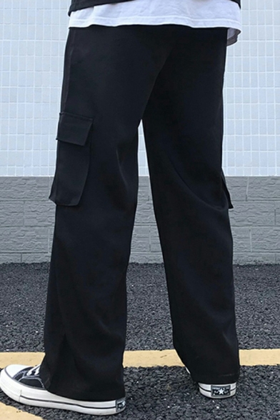 Street Style Plain Cargo Pants Elastic Waist Flap Pockets Ankle Length Straight Pants for Men