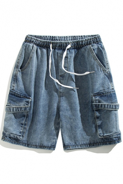 Trendy Drawstring Shorts Pure Color Washing Effect Flap Pockets Denim Shorts for Men