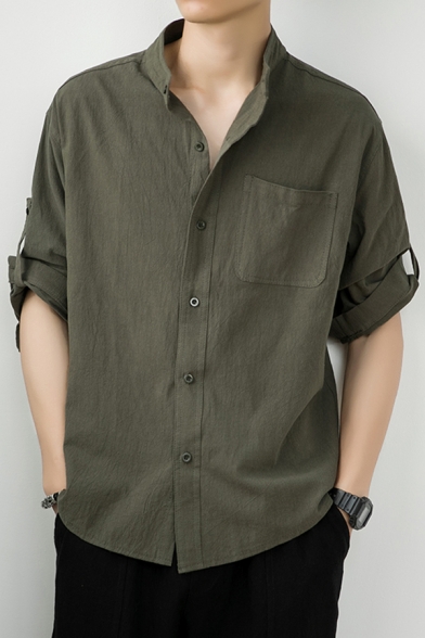 Vintage Shirt Solid Color Linen Pocket Decorated Half Sleeve Stand Collar Button Relaxed Fit Shirt Top for Men