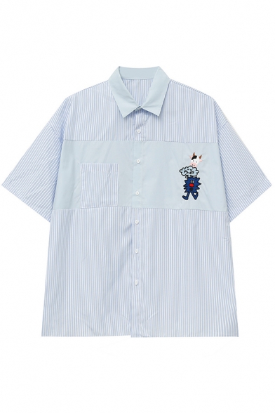 Boyish Men's Shirt Cartoon Cow Pattern Short Sleeve Turn-Down Collar Button Relaxed Fit Shirt Top