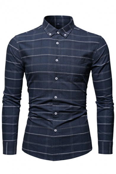 Business Mens Shirt Plaid Pattern Button Collar Long-Sleeved Button-down Slim Shirt