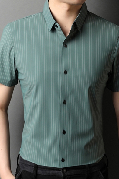Business Shirt Pinstripe Print Turn Down Collar Button Closure Short-Sleeved Slim Shirt for Men