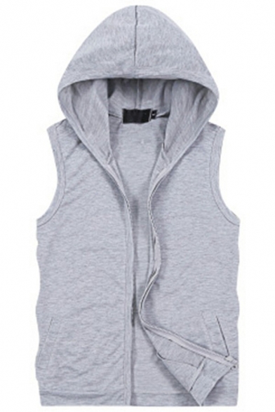 Casual Men's Hooded Vest Plain Front Pocket Zip-up Slim Fitted Vest