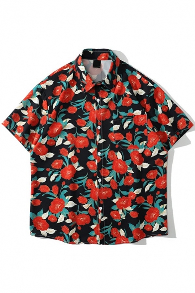 Casual Shirt Floral Pattern Short Sleeve Spread Collar Button Closure Loose Fit Shirt Top for Men