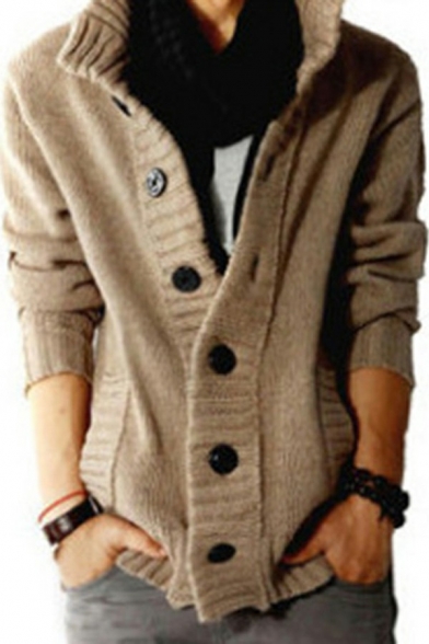 Chic Cardigan Solid Color Stand Collar Button Closure Pocket Detailed Rib Cuffs Long Sleeve Regular Fit Cardigan for Guys
