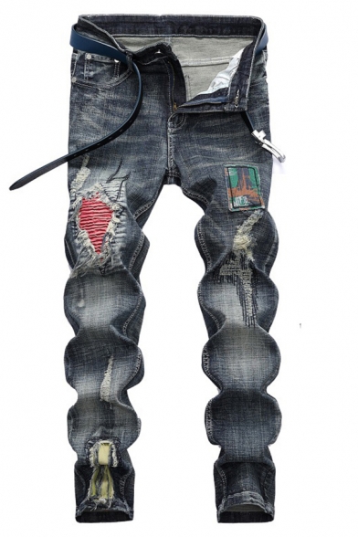 Chic Men's Jeans Distressed Ripped Patch Mid-Rise Zip-Fly Slim-Cut Full Length Jeans