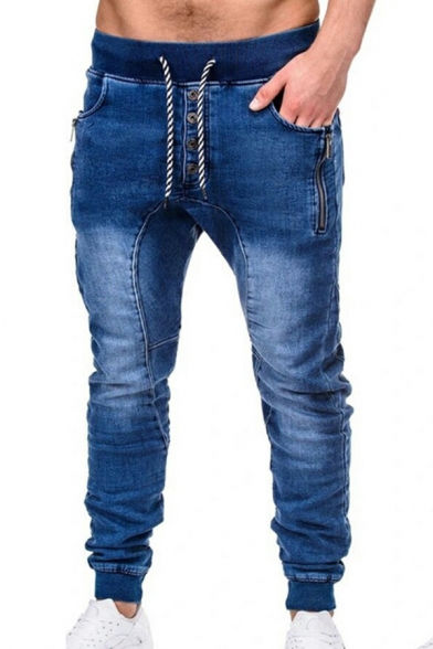 Chic Mens Jeans Drawstring Mid-Rise Side Zip Detail Button Decoration Straight Jeans