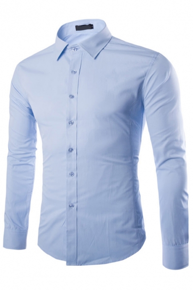 Elegant Men's Shirt Plain Button Closure Long Sleeve Lapel Slim Fitted Shirt