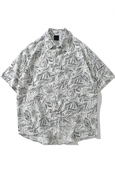 Fancy Mens Shirt All over Leaf Printed Button-up Short Sleeves Turn-down Collar Relaxed Shirt