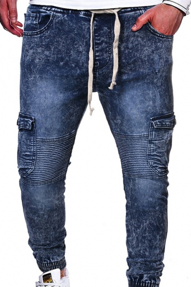 Fashionable Mens Jeans Mid-Rise Denim Drawstring Washed Wrinkled Pockets Detail Skinny Jeans