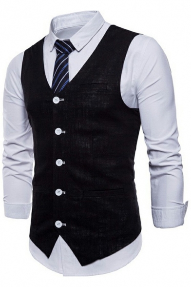 Formal Vest Plain V Neck Sleeveless Single Breasted Slim Fitted Vest for Men