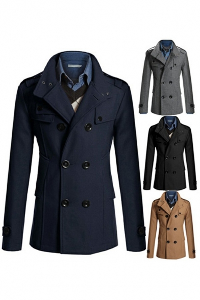 Guys Popular Trench Coat Solid Color Double Breasted Long Sleeve Collar Slim Fitted Trench Coat