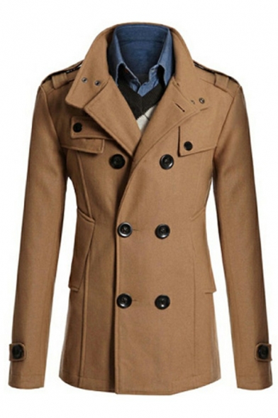 Guys Popular Trench Coat Solid Color Double Breasted Long Sleeve Collar Slim Fitted Trench Coat