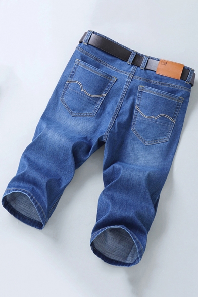Leisure Men's Short Jeans Solid Color Bleach Pocket Detail Straight Short Jeans