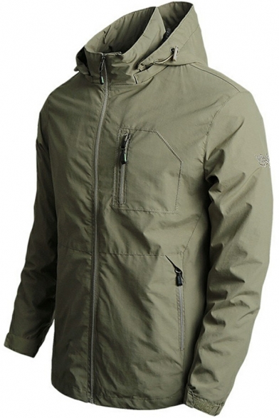 Leisure Mens Anorak Jackets Solid Color Zipper Pocket Long Sleeve Hooded Zip Up Regular Track Jackets