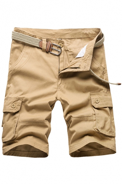 Men Casual Cargo Shorts Solid Color Two-Pocket Styling Mid Rise Knee-Length Regular Shorts