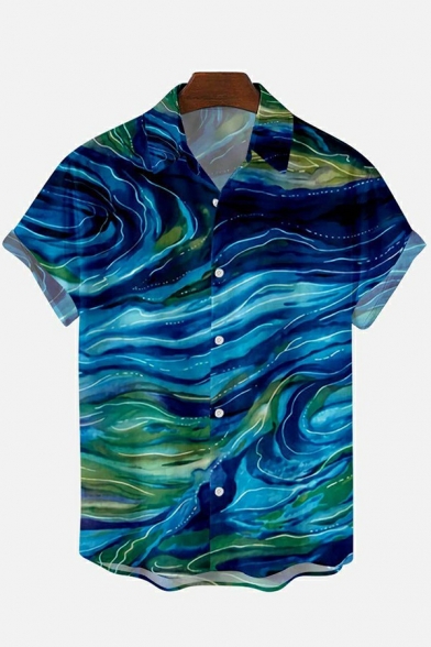 Men Casual Shirt Abstract Printed Short Sleeve Turn Down Collar Button Up Loose Shirt in Blue