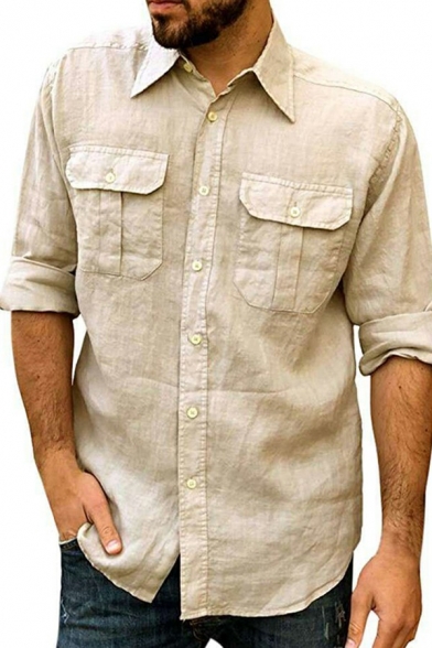 Men Casual Shirt Solid Color Point Collar Flap Pocket Button up Long Sleeve Regular Fit Shirt