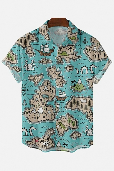 Men Creative Shirt Map Print Turn Down Collar Button-up Short Sleeves Regular Fit Shirt