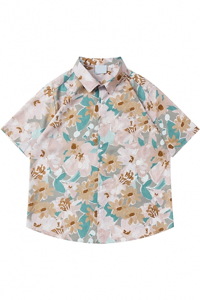 Men Leisure Shirt Floral Pattern Button up Turn-down Collar Short Sleeves Loose Fitted Shirt