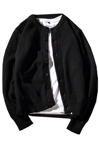 Men Modern Cardigan Knitted Long Sleeve Crew Neck Button Closure Relaxed Fit Cardigan in Black