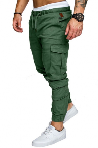 Men Modern Cargo Pants Plain Flap Pocket Decorated Mid-Rise Drawstring Skinny Pants