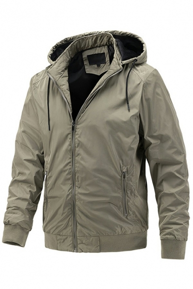 Men Modern Drawstring Jacket Solid Color Zipper Closure Long Sleeve Fitted Hooded Jacket