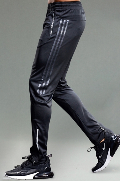 Men Modern Pants Side Stripe Print Elastic Waist Mid-Rise Full Length Skinny Pants