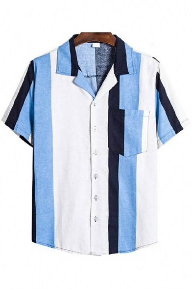 Men Modern Shirt Stripe Printed Chest Pocket Short Sleeve Spread Collar Button Closure Regular Shirt Top