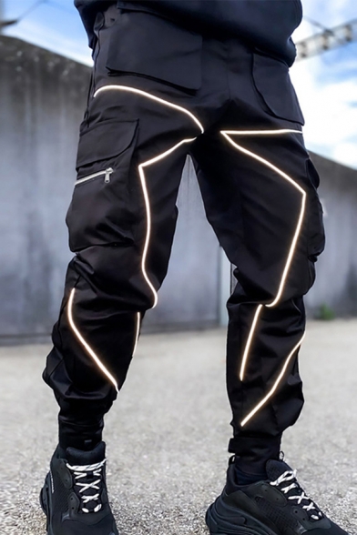 Men's Chic Pants Contrast Color Flap Pockets Reflective Line Drawstring Waist Ankle Fitted Cargo Pants