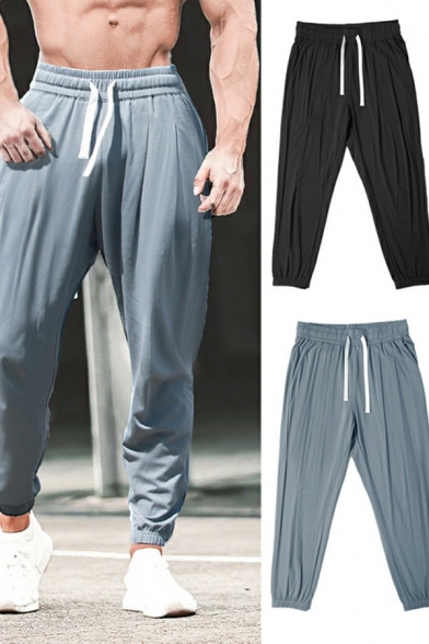 Men Sporty Drawstring Sweatpants Pure Color Mid-Rise Long Baggy Fitted Jogger Pants