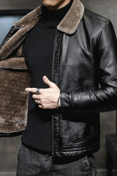 Men Trendy Leather Jacket Solid Color PU Turn-down Collar Zip Fly Front Pocket Regular Leather Jacket