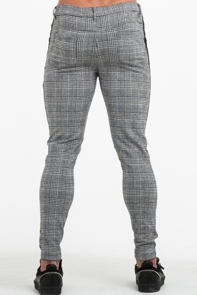Men Urban Pants Plaid Printed Zip Closure Mid-Rise Side Stripe Full Length Slim Pants