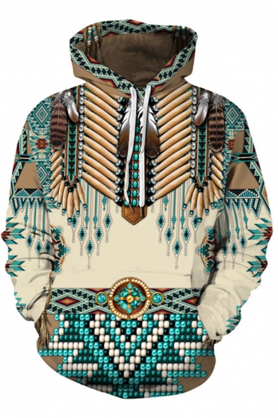 Mens Stylish Hoodie 3D Tribal Print Pocket Detail Long Sleeve Drawstring Loose Hooded