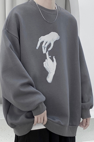Mens Trendy Sweatshirt Hands Printed Long Sleeve Crew Neck Pullover Relaxed Sweatshirt Top