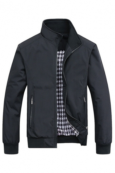 Modern Jacket Pure Color Ribbed Trim Zip-Fly Stand Collar Long Sleeve Fitted Jacket for Men