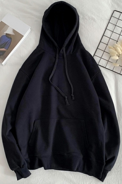 Simple Drawstring Hoodie Solid Color Long Sleeve Kangaroo Pocket Loose Fit Hoodie for Men