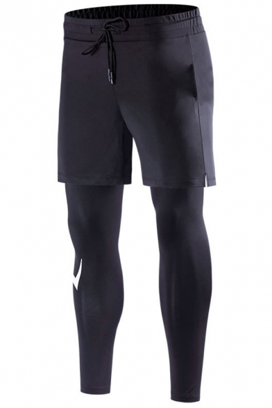 Sportswear Men's Pants Patchwork Fake Two-Piece Drawstring Waist Skinny Ankle Pants in Black