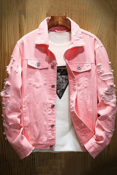 Street Style Jacket Solid Color Button-down Long Sleeve Spread Collar Fitted Ripped Denim Jacket for Men