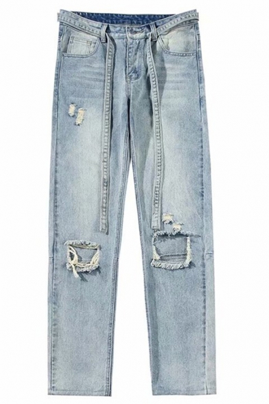 Street Style Jeans Solid Color Shredded Zip-Fly Stretch Denim Two-Pocket Styling Regular Fit Jeans for Men