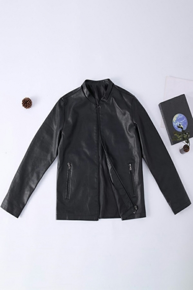 Stylish Jacket Pure Color Zip Closure Stand Collar Zip Pockets Long Sleeve Fitted Leather Jacket for Men