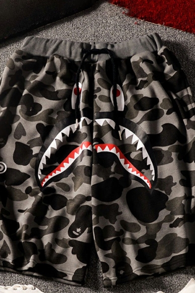 Trendy Camo Shorts Shark Printed Drawstring Waist Oversize Straight Shorts for Men